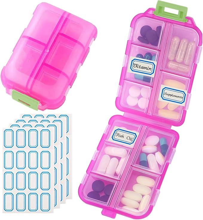 Travel Pill Organizer Portable Pocket Pill Case Small Pill Box for Purse Medicine Organizer Have 10 Compartments Storage Vitamin Fish Oil by INVODA (1PCS Pink+Lables)