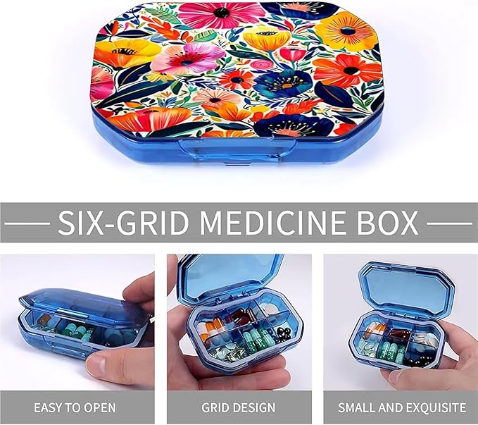 This Portable Bohemian Style Flower Pattern 6 Compartment Pill Box Can Be Placed in A Pocket Or Wallet to Store Vitamins, Medicines Health Supplements Other Medications.