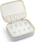 Genuine Leather Travel Pill Organizer Box Case 1 Times a Day for Purse for Women, Cute Medicine Pill Holder Containers for Vitamin Small Weekly Daily 7 Day Am Pm Pill Organizer(Purple)