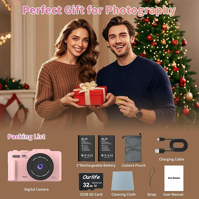 Ourlife Cameras for Photography,5K 75MP Autofocus Vlogging Camera for YouTube with 18X Zoom,3" 180°Flip Screen Selfie Digital Camera Compact Travel Camera for Beginner Teens,2*Battery(32GB Card)