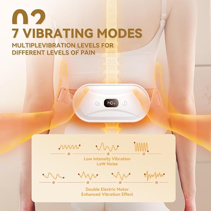 Portable Electric Heating Pad for Period Cramps, Menstrual Heating Pads with 7 Heat Levels and 7 Vibrating Modes for Women Stomach Pain Relief - White