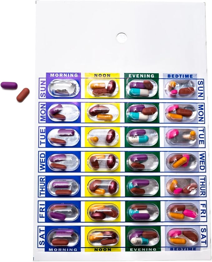 Medi-Aid 4 Times a Day Weekly Cold Seal Medication Blister Pack System Cards - One Piece Unit Dose Book Fold, Easy No Extra Equipment Needed, Just Fill and Seal, 24 Compartments, 6 Pack