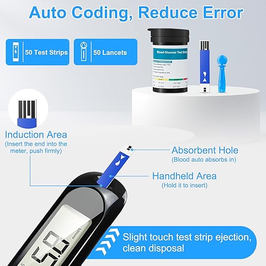Blood Sugar Monitor,Glucose Monitor Kit with 50 Test Strips & 50 Lancets for Diabetes Testing, Blood Glucose Meter with Auto Eject, No Coding & Large LCD for Seniors