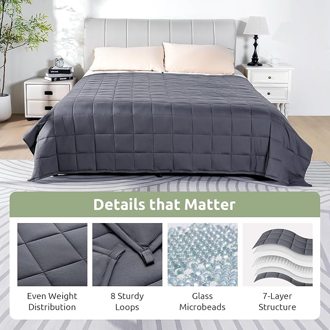 Sivio Weighted Blanket for Adults 100% Cotton, 15 lbs 48 x 72 inches, Cooling Summer Heavy Blanket for Sleeping, Breathable Soft Blankets with Premium Glass Beads, Machine Washable, Dark Grey