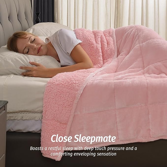 Wemore Sherpa Fleece Weighted Blanket for Adult, 15 lbs Dual Sided Cozy Fluffy Heavy Blanket, Ultra Fuzzy Throw Blanket with Soft Plush Flannel Top, 48 x 72 inches, Pink on Both Sides