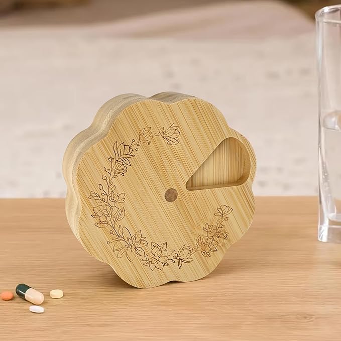 Bamboo Wood Weekly Pill Organizer for Medicine Vitamin 7 Day Round Scalloped Magnetic Pill Box Holder Flower Shape Aesthetic Tablet Box Compartments Container Portable