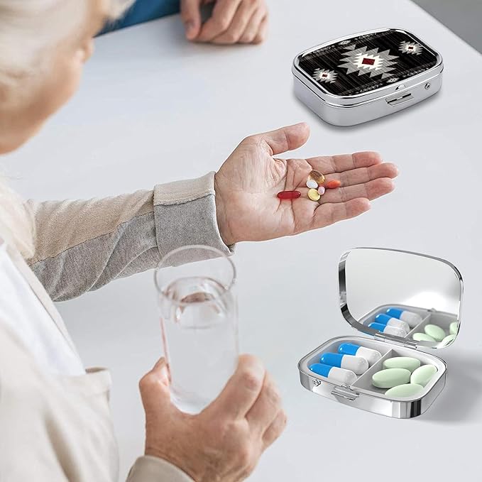 Pill Box-2 Compartment Small Pill Case Square Organizer Case with Mirror Portable Metal Medicine Box Travel Container for Pocket & Purse Women Men(Black Southwestern)