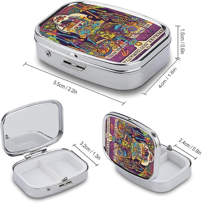 Metal 2 Compartment Pill Organizer Travel Friendly Portable Compact Pill Box Cute Pill Case,for Pocket Wallets Daily Portable Medicine Vitamin Tablet Storage (Guardian Skeleton)