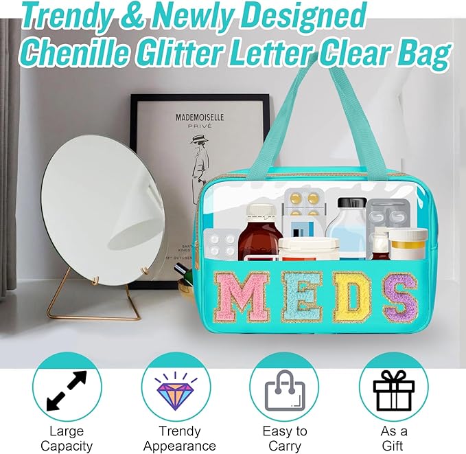 Chenille Letter Clear Makeup Bag MEDS Tote, Large Preppy Medicine Bag Travel Drugs Pills Bag Zipper Pouch with Handle,Waterproof Nylon Portable Cute Cosmetic Toiletry Storage Bag for Women(MEDS-Green)