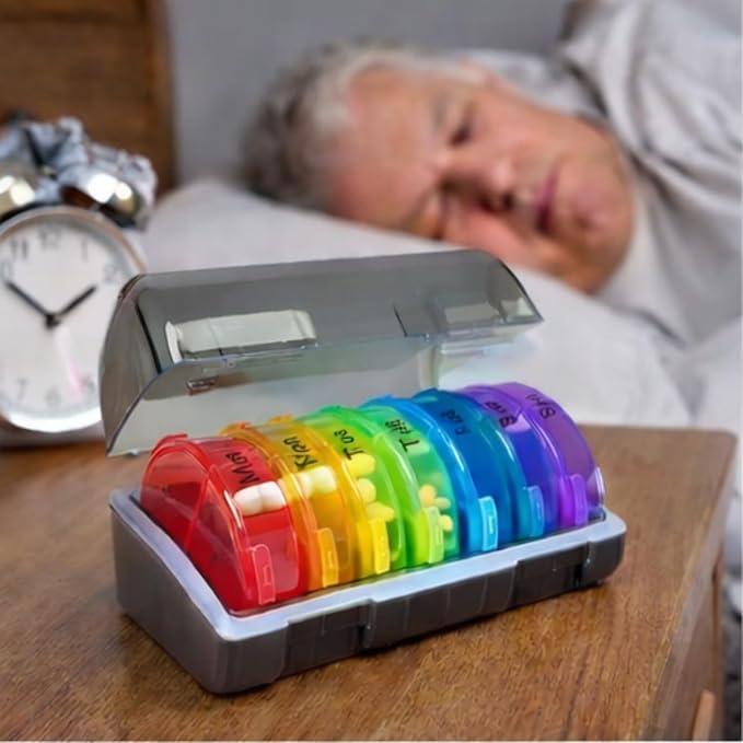 Weekly Pill Organizer Box with 14 Compartments, Rainbow Colors, AM PM Daily Medicine Container, Travel Case with Clear Lid