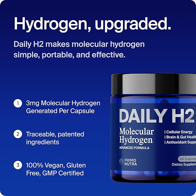 Hydrogen Water Tablets Alternative | DailyH2 Molecular Hydrogen Capsules | 3mg H2 for Cellular Energy, Focus & Recovery | Brain, Gut & Mitochondrial Support | 60 Caps