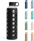 purifyou 40oz / 32oz / 22oz / 12oz Borosilicate Glass Water Bottle with Time & Volume Markers, Silicone Sleeve, Stainless Steel Lid | Reusable Glass Bottle for Water & Juice (32oz Jet Black)