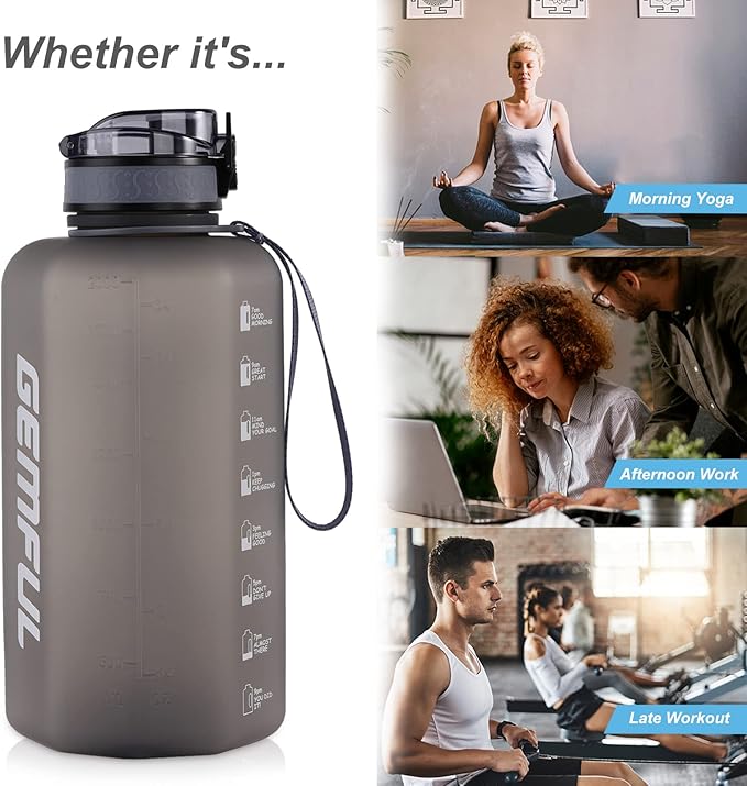 GEMFUL 74oz Water Bottle with Handle Half Gallon BPA-Free Sports Jug for Gym Hiking Travel 2.2L Large Capacity Leak Proof Easy Carry (Grey no Straw)