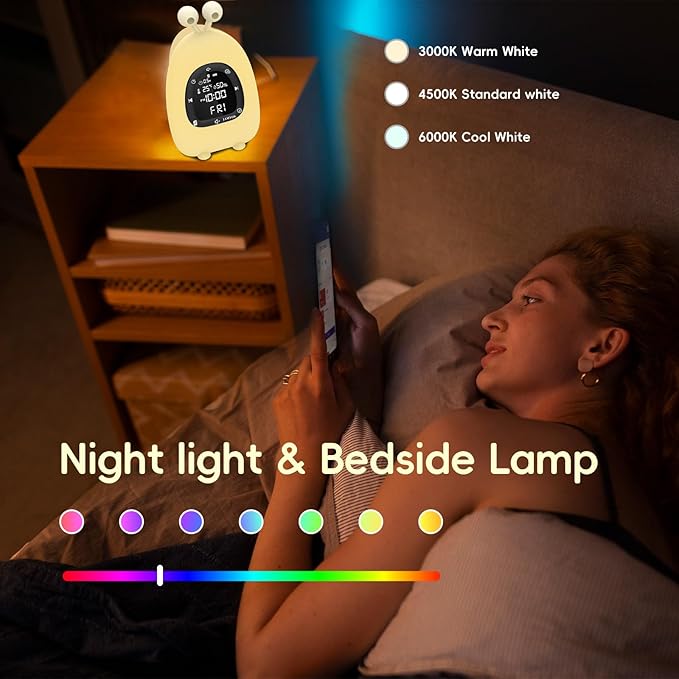 Sunrise Alarm Clock Wake Up Light, White Noise Sound Machine with 20 Soothing Sounds, 10 Night Lights, Bluetooth Speaker/Temp & Humidity/Rechargeable, Dimmable Clock Gift for Baby Kids Adults
