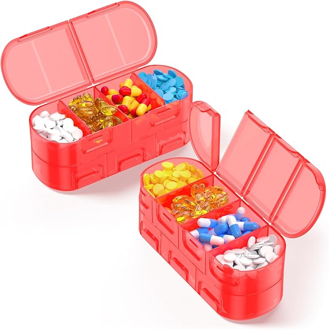 Weekly (7 Days) Pill Organizer Travel, Double-Sided Opening Design, 2/3/4 Times a Day, Portable Pill Box for Storing Fish Oils/Supplements/Medication/Vitamins（2 PC Red）