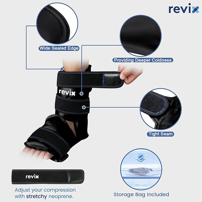 REVIX Ice Packs for Ankle Injuries Reusable, Ankle Ice Wrap with Cold Compression for Feet Pain Relief, Plantar Fasciitis and Achilles Tendonitis, Soft Plush Lining, 2 Packs, Black
