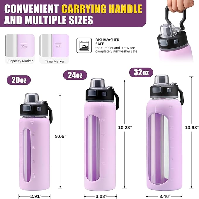 Kodrine 24oz Glass Water Bottle With Straw-2 lids-Reusable Daily Water Intake Glass Bottle with Measurements,Silicone Sleeve, Time Marker, Cupholder Friendly for Home,Gym,Sports-Light Purple