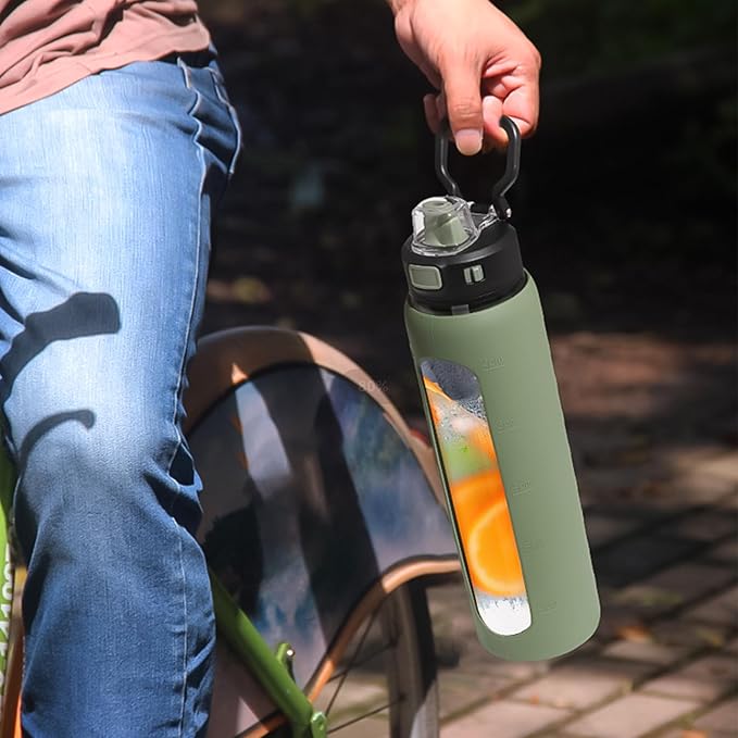 Kodrine 32 oz Glass Water Bottle with Straw and Carry Loop, One-Touch Leakproof Locking Lid, Reusable Drinking Bottle with Time Marker for Travel Home Gym Sports (Olive)