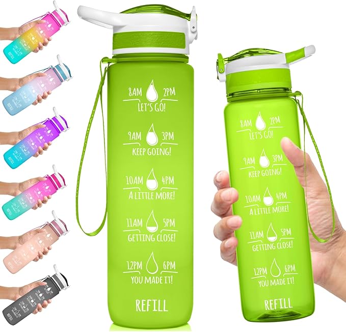 NatureWorks HydroMATE 32 oz Water Bottle with Time Markings Hourly BPA Free Reusable Leak Proof with Straw and Carrying Strap 1 Liter