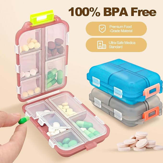 Pill Organizer with Medicine Labels, 10 Compartments Travel Pill Box with Removable Labels, Portable Foldable Supplement Box Holder for Fish Oil Vitamin
