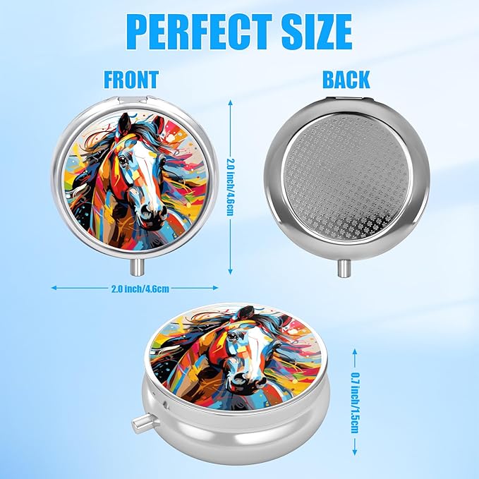 Colorful Horse Pill Case, Pill Box 3 Compartments Metal Small Pill Holder with Mirror Mini Travel Pill Container for Purse Pocket Women Men