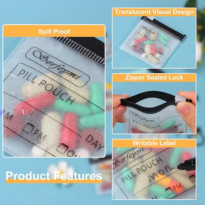 Serfeymi 72 Pcs Pill Pouch Bags for Travel Reusable Plastic Bags 3"x3" 12 mil (Double Sided) Translucent Zipper Pill Pouches for Medicine with Slide Lock & Writable Label, 1x Marker-Green+Black
