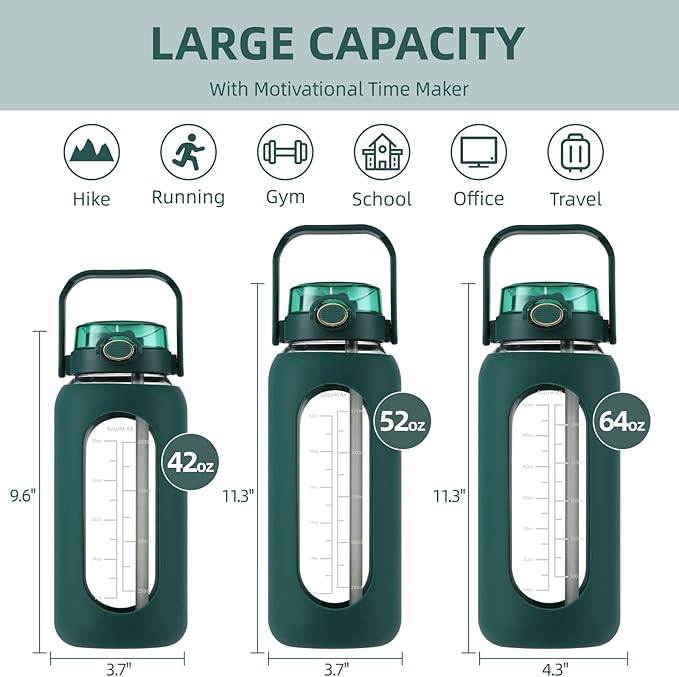 Glass Water Bottle with Straw and Handle Lid Half Gallon Motivational Glass Bottle with Silicone Sleeve and Time Marker Large Reusable Sports Water Jug for Gym Home Workout