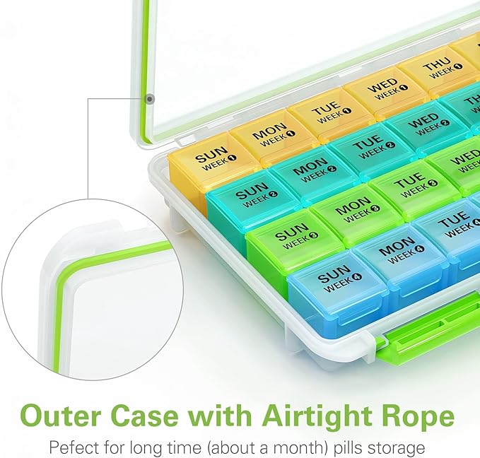 BUG HULL Monthly Pill Organizer, Moisture-Proof Large 28 Days Pill Box with Removable 4 Weeks Pill Case Rows, Medicine Pill Organizer, Travel Pills Organizer with One Month Pill Container for Vitamin