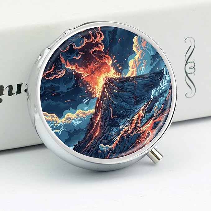 Depicts A Volcano Pill Box Travel Pill Case for Purse Pocket Weekly Medicine Organizer with Mirror 3 Compartment Round Medicine Case Portable PillcaseHolder for Daily