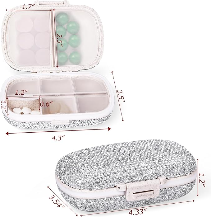 1Pack Travel Pill Organizer, 8 Compartments Portable Pill Case, Small Pill Box for Pocket Purse Portable Medicine Vitamin Container (Sparkling Silver)
