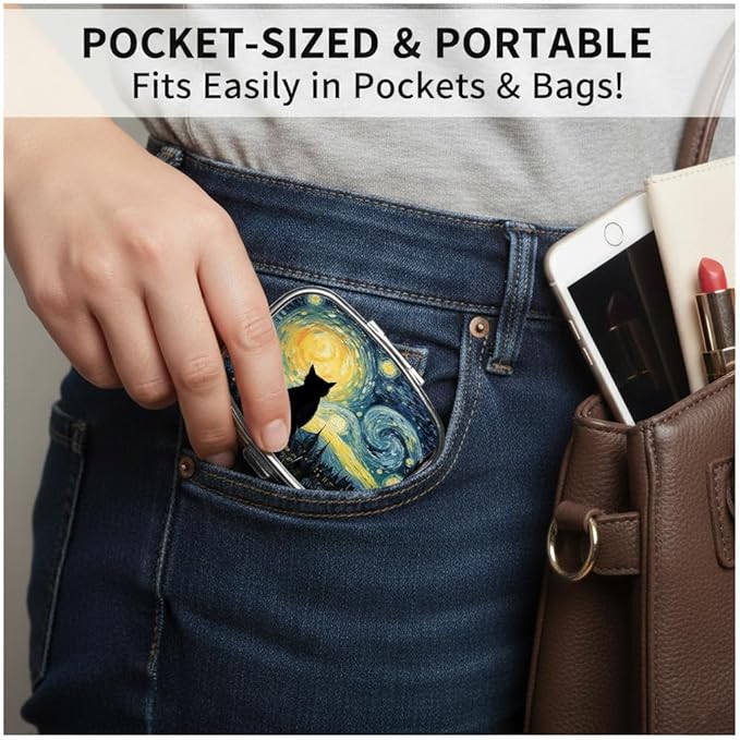 Starry Night Pill Box 2 Compartment Small Pill Case,Portable for Pocket or Purse Pill Organizer Pill Container Holder with Mirror to Hold Vitamins, Medication, Fish Oil and Supplements