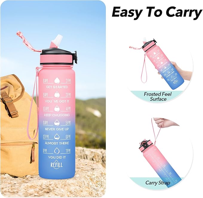 1 litre Motivational Fitness Sport Water Bottle with Straw & Time Maker, Leak-proof, BPA-free, Tritan, Toxin Free Plastic Drink Bottle Design for Girls, Boy, Cycling, School & Office