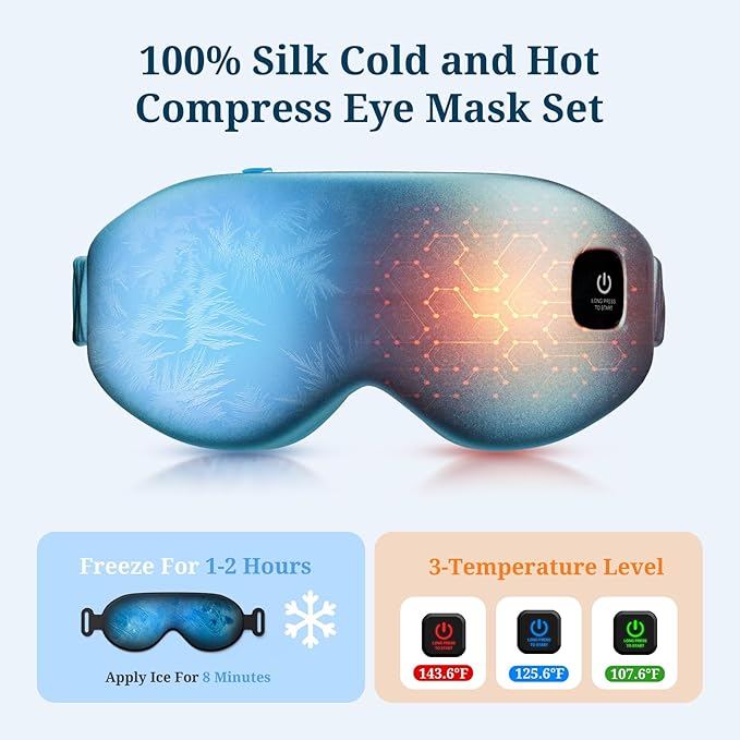 100% Silk Wireless Heated Eye Mask with Cooling - 3 Heat Settings, for Dry Eyes, Puffiness & Dark Circles - Adjustable, Washable, Travel-Friendly (Blue)