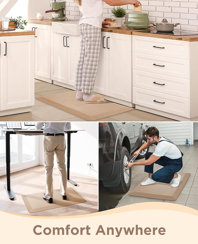 Ophanie Kitchen Mats for Floor, 3/4 Inch Thick Kitchen Rugs, 20'' x 48'' Anti Fatigue Standing Cushioned Mat, Waterproof,Comfort Ergonomic Mat for Office, Home, Sink, Beige Non-Slip Bottom