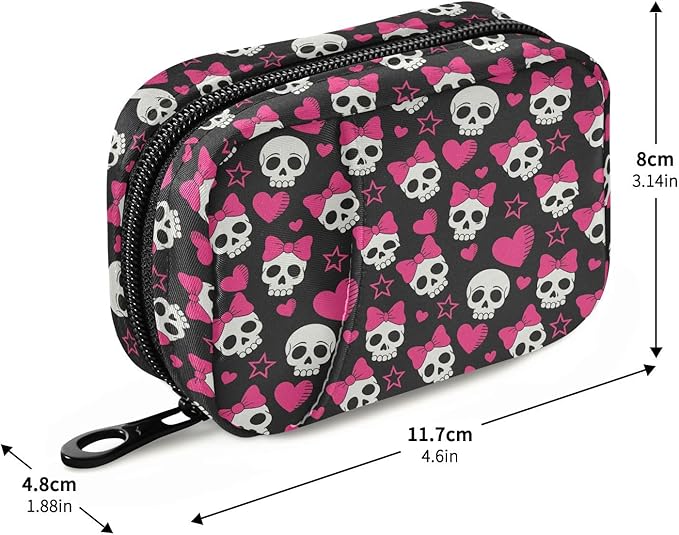 Travel Pill Organizer Bag Weekly Pill Organizer Case Pink Hearts and Skulls Portable Small Daily Pill Boxes for Vitamin Fish Oils Supplement Holder with Zipper Compact Size