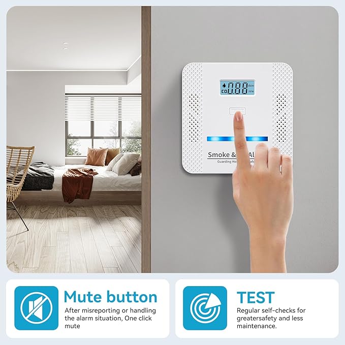 Smoke Detector Carbon Monoxide Detector,2 in 1 Fire & CO Alarm,Battery Powered,Carbon Monoxide Gas Detector with LCD Digital Display Sound and Light Alarm for Bedroom Warehouse Kitchen or RV Travel