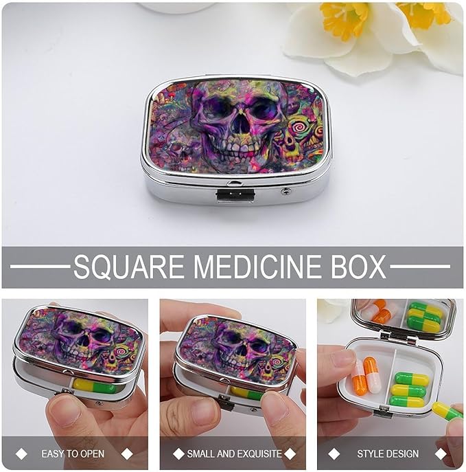 Metal Pill Organizer – 2-Compartment Pocket Pill Box for Vitamins, Supplements, Medications – Compact Travel Case (Psychedelic Skull Frenzy)