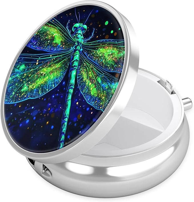 Green Dragonfly Pill Case, Pill Box 3 Compartments Metal Small Pill Holder with Mirror Mini Travel Pill Container for Purse Pocket Women Men