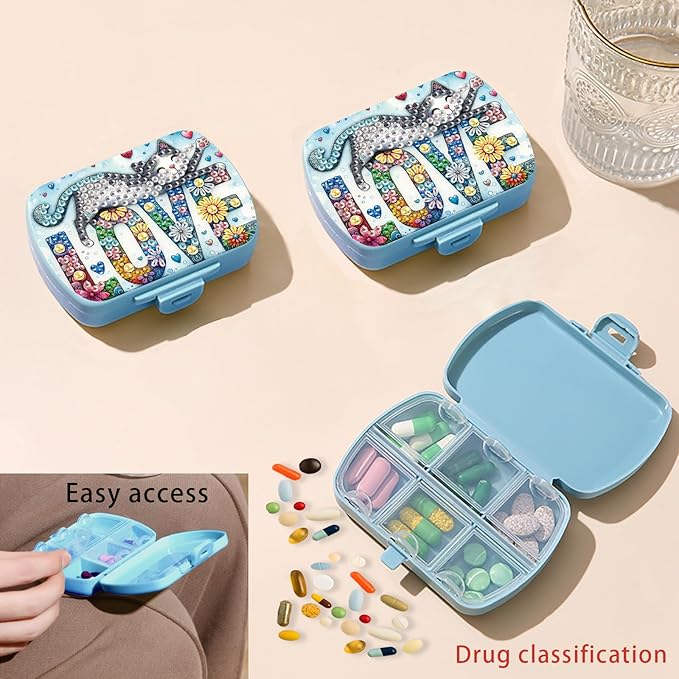 C'eitura DIY Love Cat Diamond Art Painting Blue Pill Organizer with 6 Lid Detachable Compartments, Fun DIY Craft Project for Adults, Elegant Pill Case for Purse & Travel