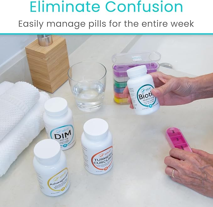 Vive Stackable Pill Organizer Tower with Pill Cutter, Splitter - 7 Days 4 Times A Day - Dispenser for Vitamins, Supplements and Medication - Weekly Stacking Pill Box Container with Travel Case