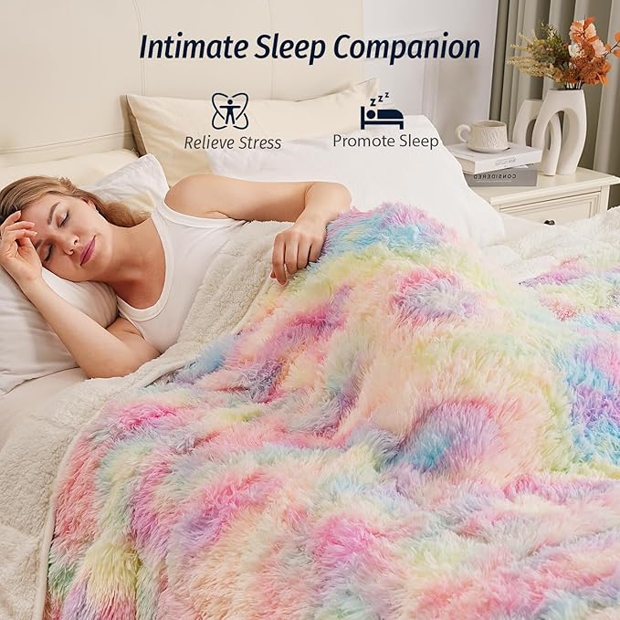 Wemore Shaggy Long Fur Faux Fur Weighted Blanket,Cozy and Fluffy Plush Sherpa Long Hair Blanket for Adult 20lbs,Fluffy Fuzzy Sherpa Reverse Heavy Blanket for Bed,Couch, Rinbow 60 x 80 Inches