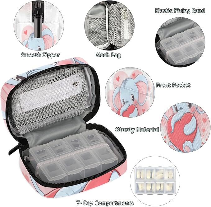 Elephant Printing Travel Pill Organizer Bag Portable Weekly Pill Box Travel Medicine Organizer 7 Day Pill Case with Zipper for Daily Travel Family Business