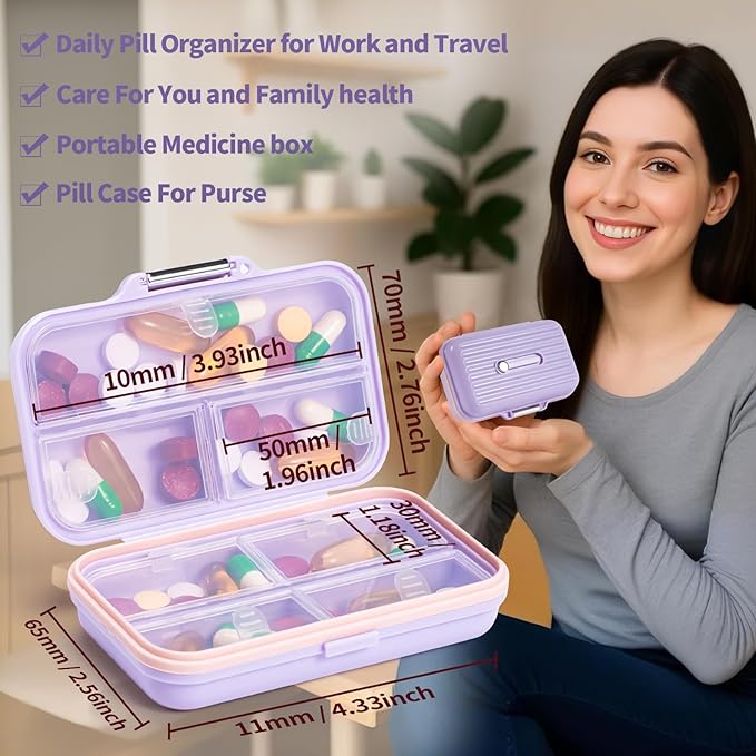 Daviky Travel Pill Organizer,Large 7-Compartment Pill Box for Vitamins & Medications, Compact Medicine Case for Pocket or Purse(Purple)