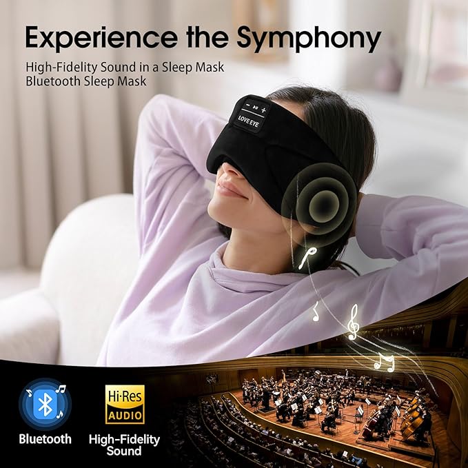 LOVE EYE Sleep Headphones Bluetooth 5.4 Sleeping Eye Mask Wireless Music Earphones with HD Speakers for Side Sleepers Total Blackout Cotton Mask for Travel, Home, Office, Unique Gifts
