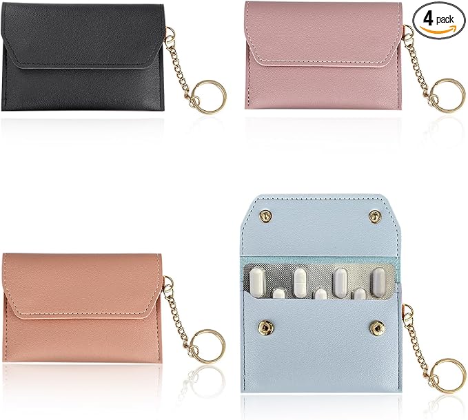 4Pcs Birth Control Pill Case Holder, PU Leather Birth Control Case Sleeve Wallet with Snap and Keyring, Privacy Protection Contraceptive Medicine Holder Keychain