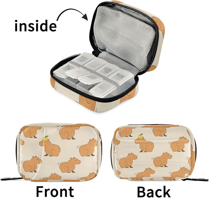 Pill Box Cute Capybara 7 Day Pill Case Travel Pill Organizer Bag with Zipper Portable Weekly Vitamin Medicine Supplement Holder Pouch Bag