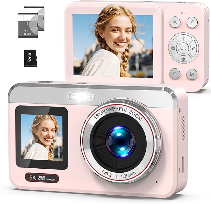 5K Digital Camera, 80MP Dual Screen Autofocus Vlogging Camera, 18X Zoom Point and Shoot Camera for Photography, Flash, 32GB Card, 2 Batteries, Compact Camera for Teens Adults (Pink)