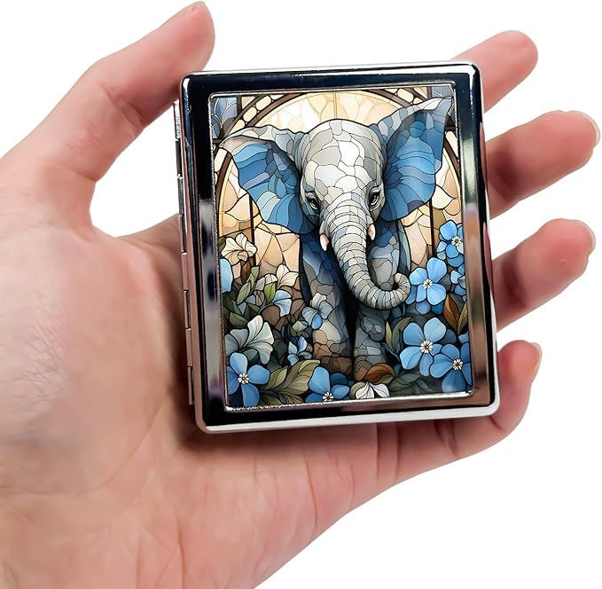 Cute Travel Pill Box Organizer with 8 Compartments - Compact and Fashionable Pill Case with Mirror - Ideal for Medications (Elephant Stained Glass)