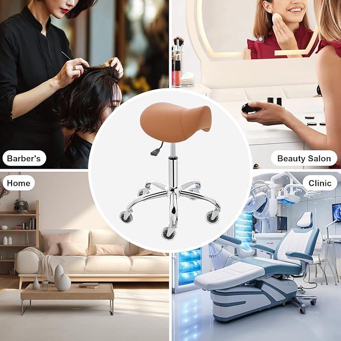 Saddle Stool, Ergonomic Saddle Chair with Wheels 450 LBS, Adjustable Height Swivel Salon Stool, Rolling Stool for Home Office Tattoo Massage Clinic Lab Beauty (Brown)