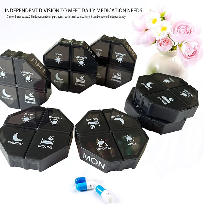 Weekly Pill Organizer 4 Time a Day，Pill Dispensers， Pill Box 7 Day with 28 Extra Large Compartments Portable Travel ，4 Times a Day Pill Case, for Medication/Vitamins/Fish Oils (Black)